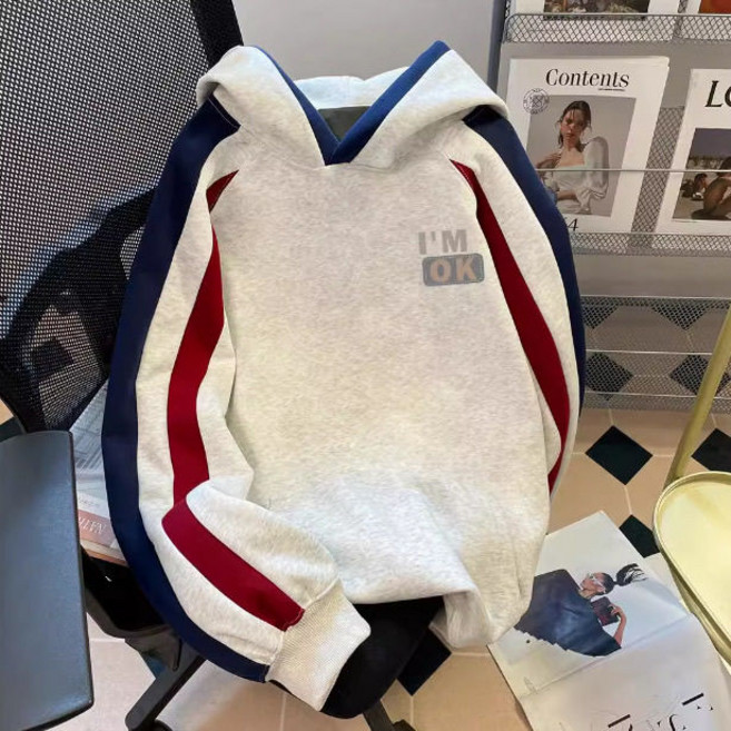 Skyciky 여성긴팔티셔츠 빈티지 스트리트 후드 맨투맨 루즈핏 배색 디자인 남녀공용 커플룩 가을 겨울 데일리룩 기능성긴팔 긴팔티셔츠 상의 KK1449