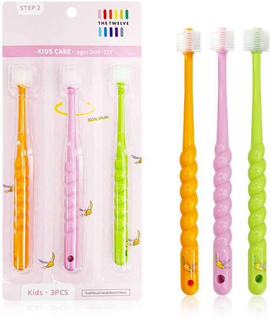 더트웰브 360도 키즈칫솔 어린이칫솔 유아칫솔, 360도 키즈 칫솔 핑크 + 모래시계, 1개, 3개입