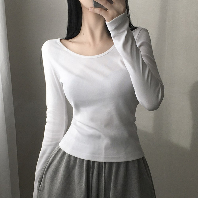 손등덮는 여리핏 코튼 유넥 기본무지 긴팔티셔츠 3color