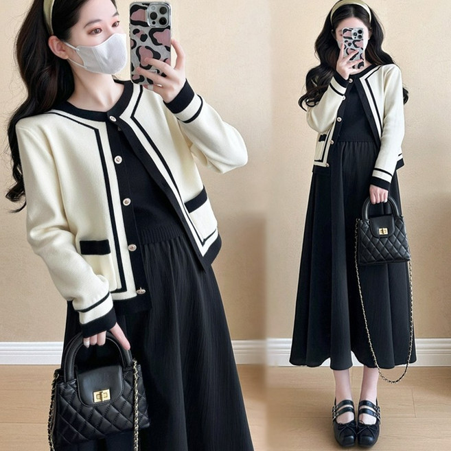 Asure 임부복 봄 가을 여성 투피스 가디건+나시 원피스 캐주얼 임산부 옷