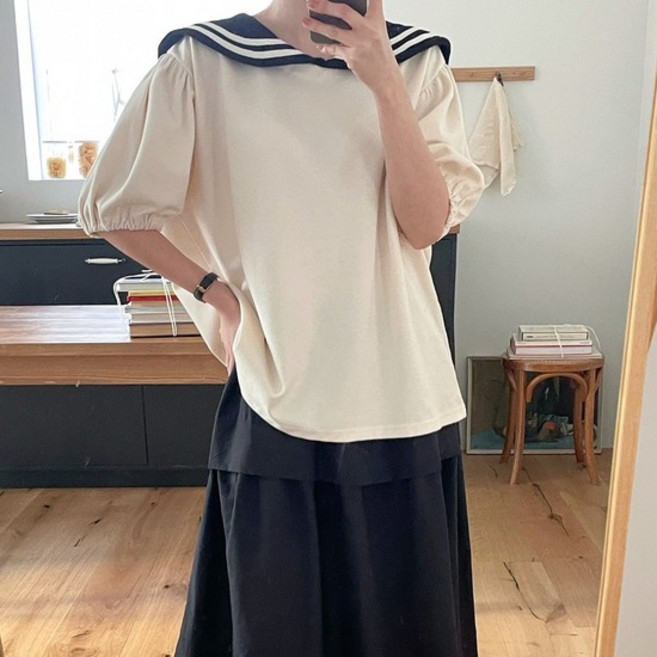 여자 세라카라 오버핏 퍼프반팔 러블리 봄맞이 티셔츠