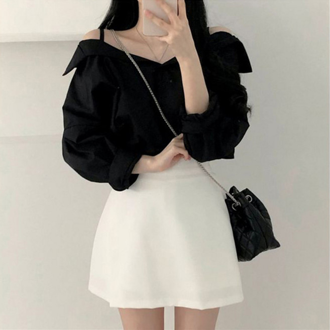 라라홀리 여리핏 오프숄더 어깨끈 긴팔 셔츠