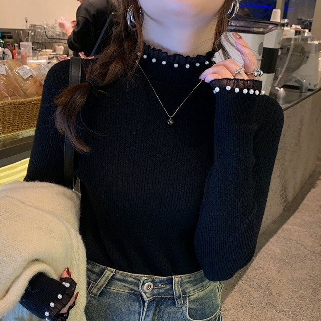 슬림소녀 여성 가을 작은 진주 반폴라 스웨터 디자인감 슬림 레이스 니트 긴팔