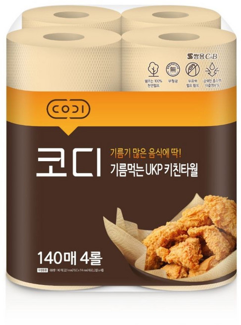 코디 기름먹는 천연펄프 키친타올 140매, 4개입, 1개
