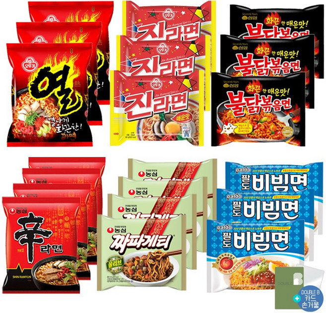 더블비 봉지라면 6종 20개입 (신라면 4개+짜파게티 4개+진라면 매운맛 3개+열라면 3개+팔도비빔면 3개+불닭볶음면 3개)+더블비카드거울, 2세트