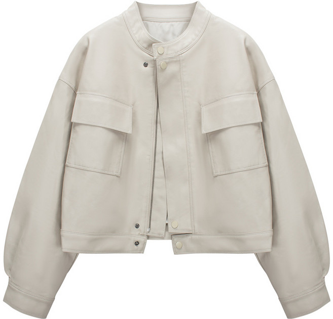 9위 - BROWMODA 여성 스탠카라 크롭 포켓 루즈핏 가죽자켓 데일리 아우터