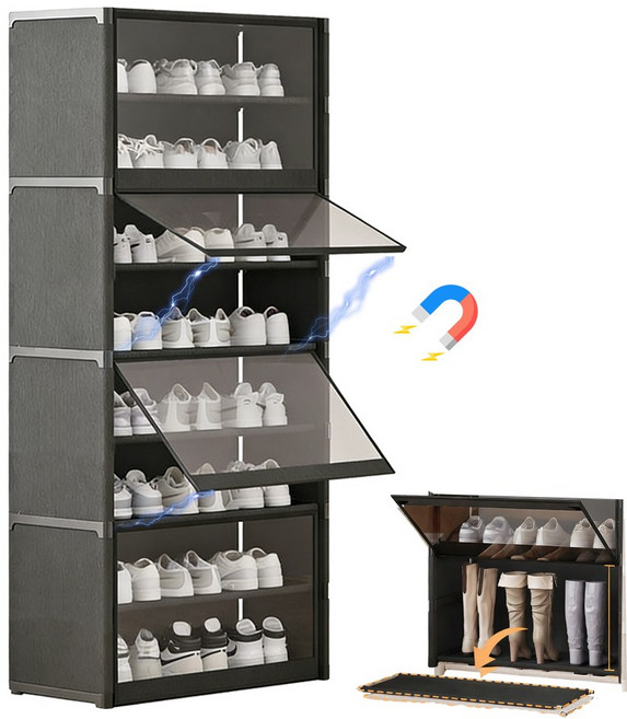 ZOZOFO 신발장 신발정리대 9단 투명장롱문 현관신발장 수납 선반 고급형 슬림 공간활용 신발 정리대, 클래식 블랙 -L 사이즈, 1개
