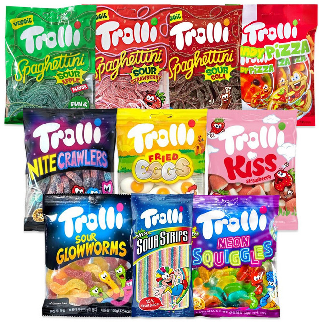 트롤리 인기젤리 10종 모음(애플+딸기+콜라+피자+나이트+계란+키스+구미+스트립스+네온)