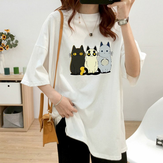 스타일아유 여성 여름용 오버핏 반팔 티셔츠 200g순면 원작 귀여운 고양이 프린트 빅사이즈 M~2XL 루즈핏 반팔티 롱티 자체제작[A3G3TS1725]