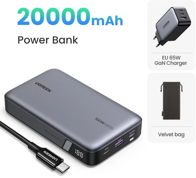 UGREEN PD 145W 빠른 충전 전원 은행 Macbook Pro iPhone XIAOMI 호환 노트북 컴퓨터 100W 용 25000mAh 휴, 02 20000mAh EU Bundle, 01 빠른