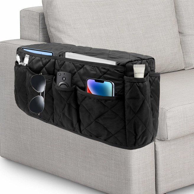 HADEEONG 리모컨 홀더 미끄럼 방지 침대 옆 암체어 캐디 휴대폰 TV 매거진용 14개 포켓이 있는 리클라이너 암 팔걸이 정리함 블랙, Grey + White
