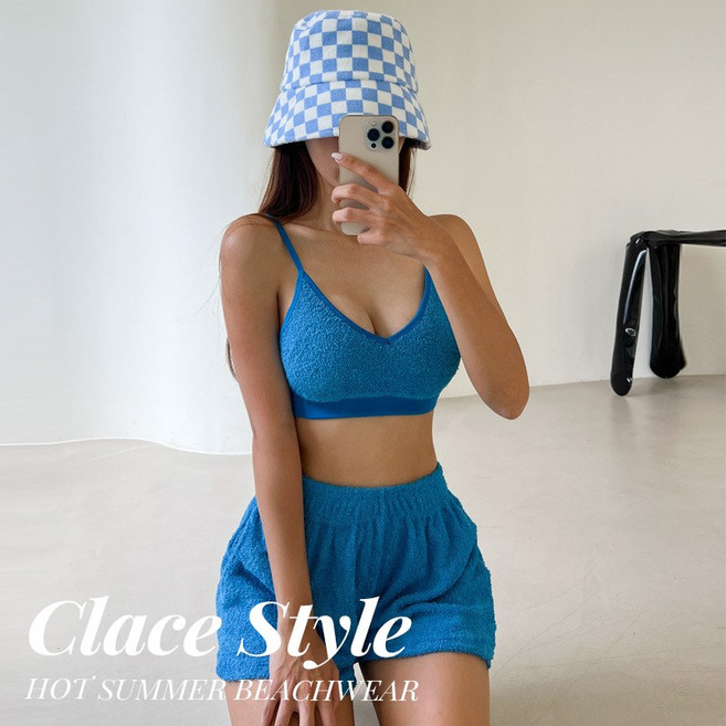 클레이스 솔리드컬러 테리 브라탑 비키니 쓰리피스 세트, 블루