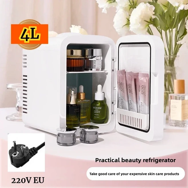 신형 뷰티 카 냉장고 LED 미러 마감 소형 미니 4L/6L 냉장 스마트 온도 조절 듀얼 사용 차량 가정용, 07 White 4L EU 220V