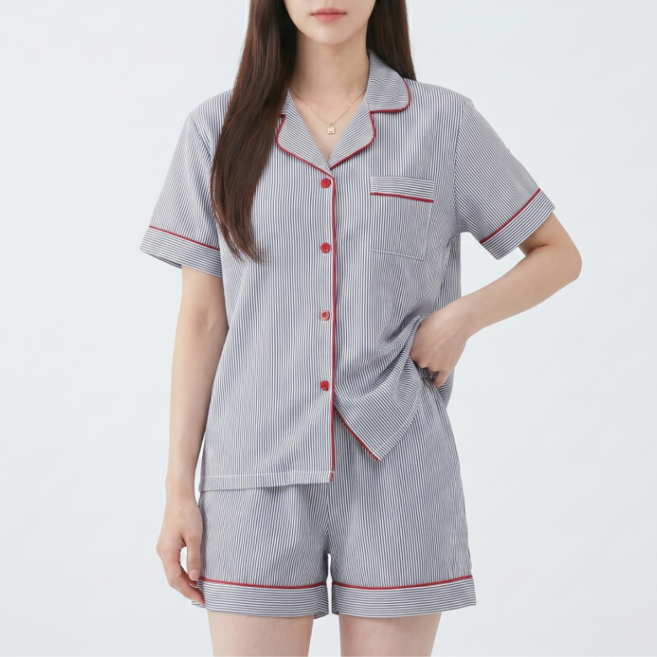 IAWI 여성용 클래식 카라 반팔 투피스 잠옷 상하의 세트 여름 홈웨어 호텔파자마