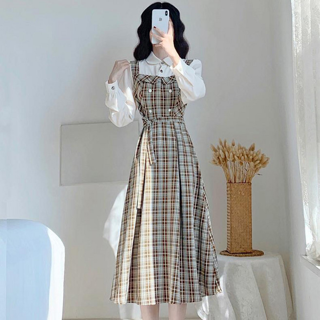 MAKABORO 여성 체크 원피스 레이어드 봄가을 카라넥 허리 스트랩 캐주얼 긴팔 원피스