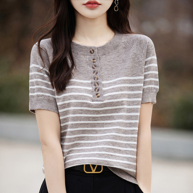 스트라이프 니트 반팔 티셔츠 여성 패션 단추 빅사이즈 여름 상의 라운드 루즈핏