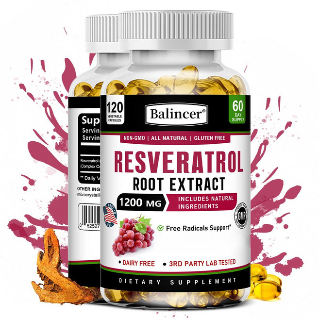 레스베라트롤 뿌리추출물 1200mg 캡슐 - 고농도 식물유래 포뮬라 영양보충제 Non-GMO 글루텐 프리, 2개, 60회분