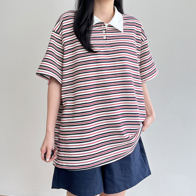 걸즈팩토리 여성용 토머스트라이프 오버핏 카라반팔티셔츠 국내제작