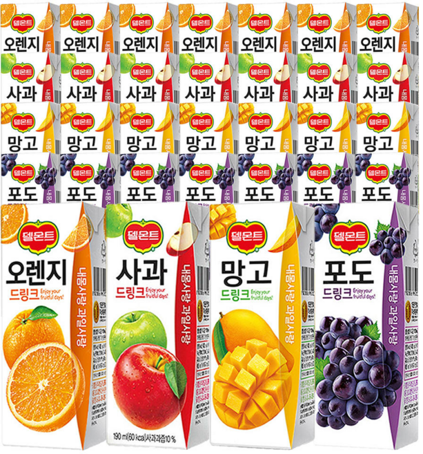 (190mlx32팩 혼합구성) 델몬트드링크팩 오렌지포도사과망고 주스 과즙음료, 1세트, 190ml, 1.오렌지x8 포도x8 사과x8 망고x8
