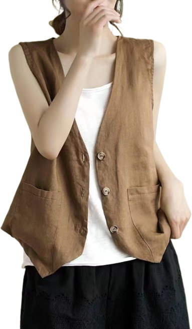 여성용 심플 캐주얼 면 마 베스트 9M018