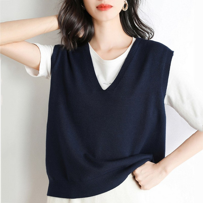 슬림소녀 여성 브이넥 니트 베스트 루즈핏 니트 조끼 나시 간절기