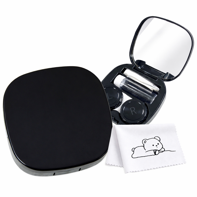 로앤제이 휴대용 렌즈케이스 세트 집게 거울 흡착봉 렌즈통 여행용, 1개, 블랙