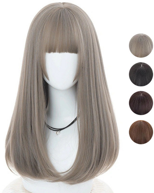 悶青灰 整頂假髮 空氣劉海 中長髮女 wig, 1個