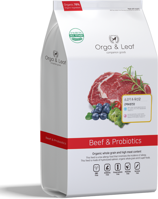 오가앤리프 유기농 애견 가수분해 피부 알러지 눈물 관절 강아지 사료 소고기&유산균, 소, 5.6kg, 1개