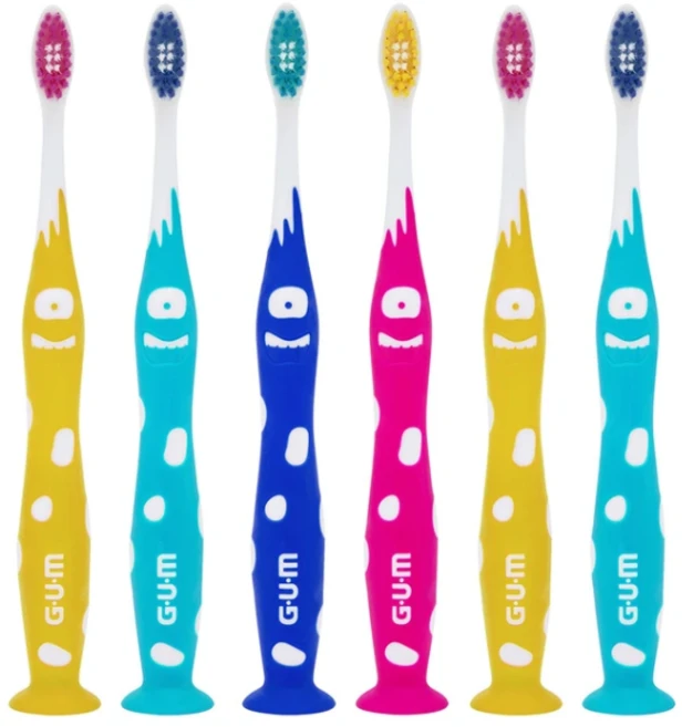GUM 검 몬스터 어린이 칫솔 x 6개 주니어, 1개입, 노랑 하늘 파랑 분홍 - 쿠팡