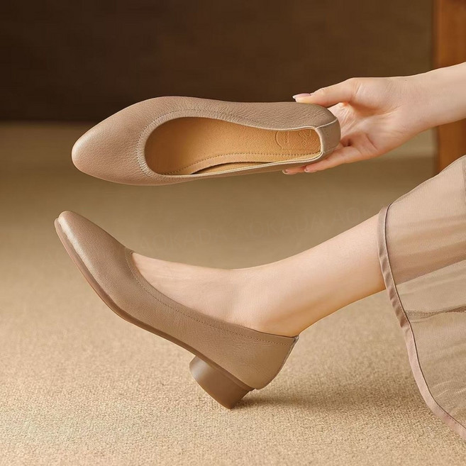 AOKADA 여성 플랫슈즈 미들힐 펌프스 발편한 PU 가죽 구두