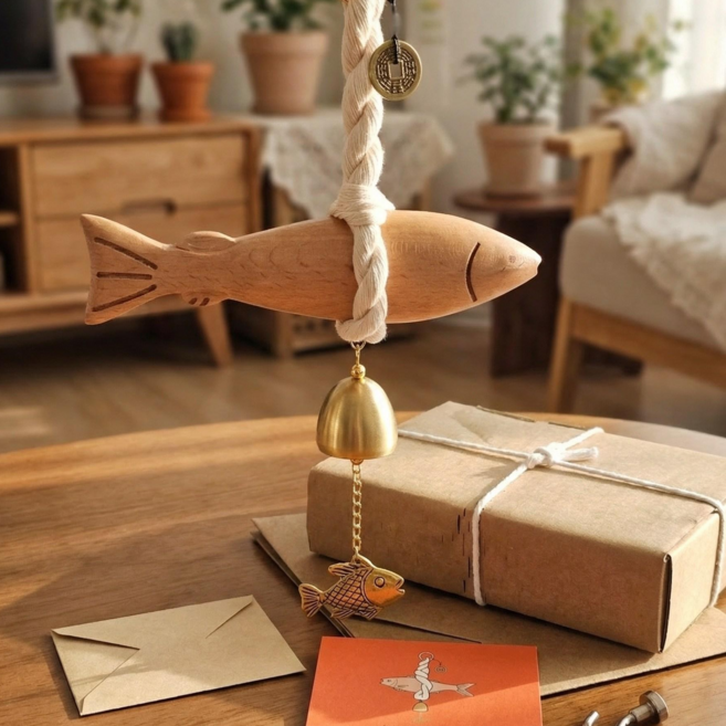 프리미엄 액막이 명태 우드 도어벨 선물 세트, 내추럴 우드