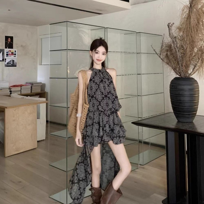 COSYEVNO 홀터넥 원피스 플라워 언밸런스 빈티지 패션 여름 여성 쉬폰 미니스커트