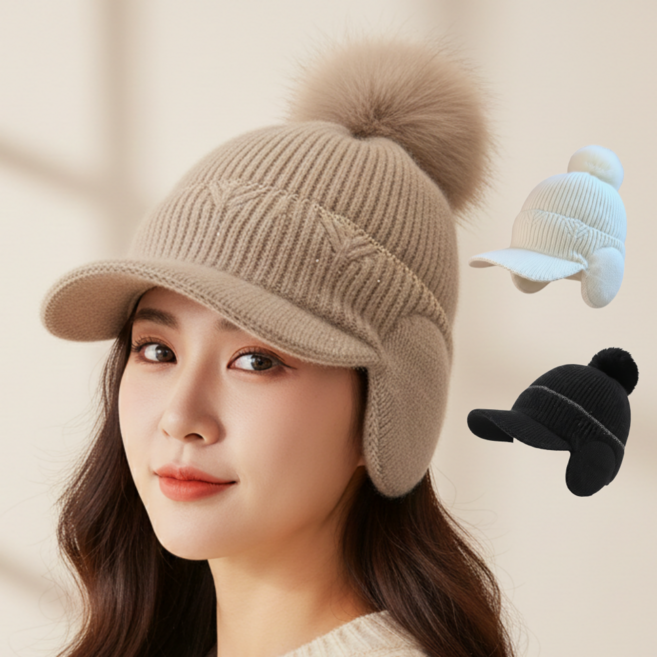비엔즈 니트 겨울 방한 골프 방울 모자, 1개, 브라운