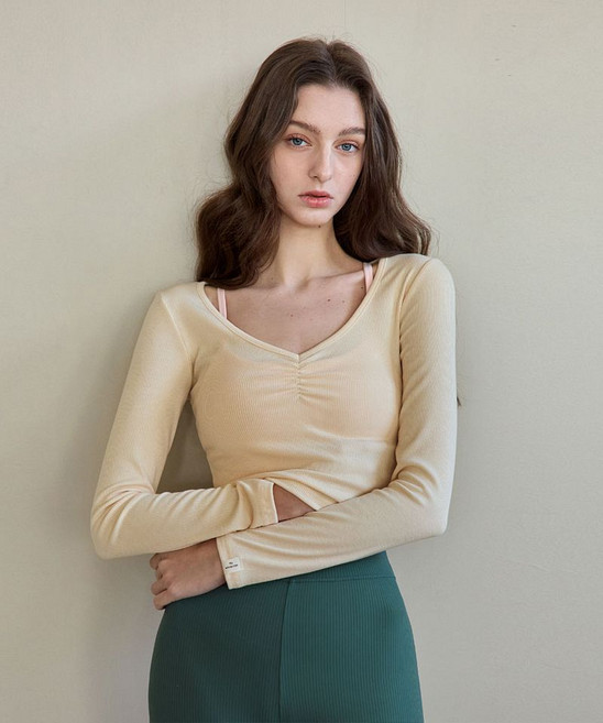 DEVIWEAR 여성 요가복 DEVI-T0126-크림레몬 필라테스 줄리 셔링 롱슬리브