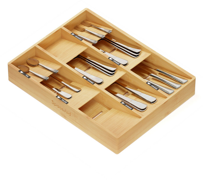 대나무 수저 서랍 정리함 라벨포함 12칸 주방 커트러리 트레이 숟가락 포크 나이프 정리대, 1개, 노란색