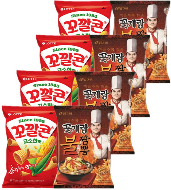 롯데 크라운 스낵모음 꼬깔콘 고소한맛 67gx4개+꽃게랑 불짬뽕 70gx4개 (총8개), 548g, 1세트