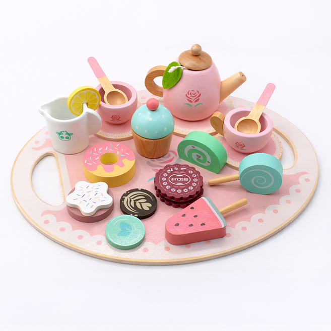 [위대한육아] 원목 애프터눈티 주방놀이 세트, 핑크, 1세트