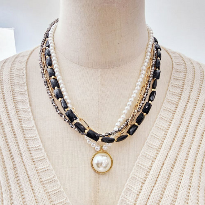 티큐 파티 공연 헹사 글래스 비즈 진주 네줄 레이어드 목걸이 A1852