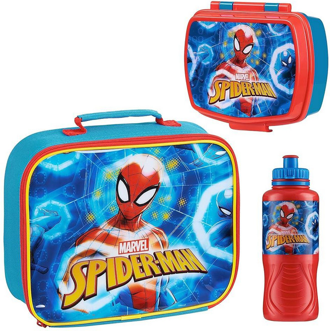 Marvel Spiderman 3피스 아동용 런치 박스 세트 단열 가방 스낵 박스 BPA 프리 428.8ml(15온스) 물병 어린이 남아용 선물 (멀티컬러 스파이더맨)