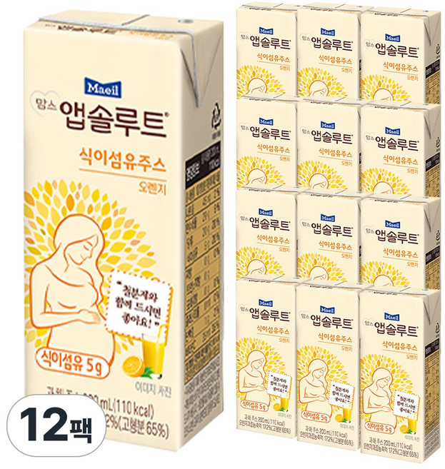 매일유업 맘스앱솔루트 식이섬유주스 오렌지, 200ml, 12개