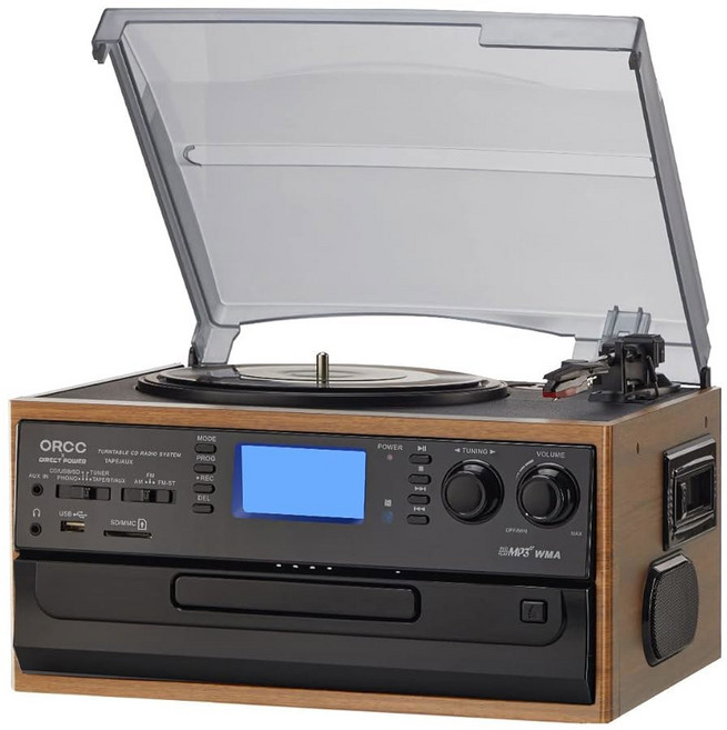 ORCC 10-in-1 바이닐 턴테이블 레코드 플레이어 블루투스 스피커 CD 카세트 및 FM/AM 라디오 콤보가 내장된 턴테이블 AUX RCA 출력 USB MP3 헤드폰 잭, Brown