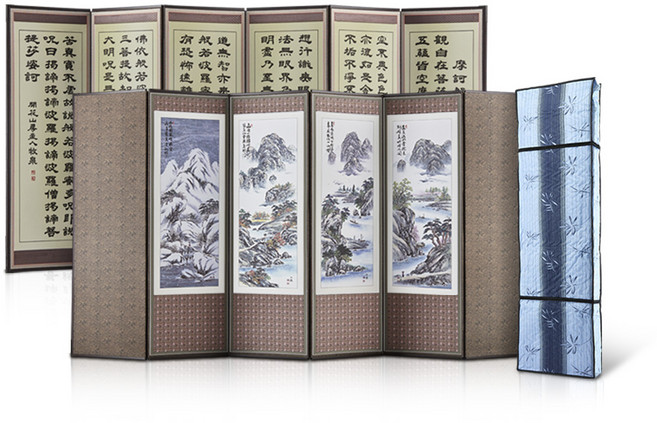 남원목기공예사 이중배접 미니멀 옥비단 반야 산수화 6폭 병풍+3중 누빔커버, 1개