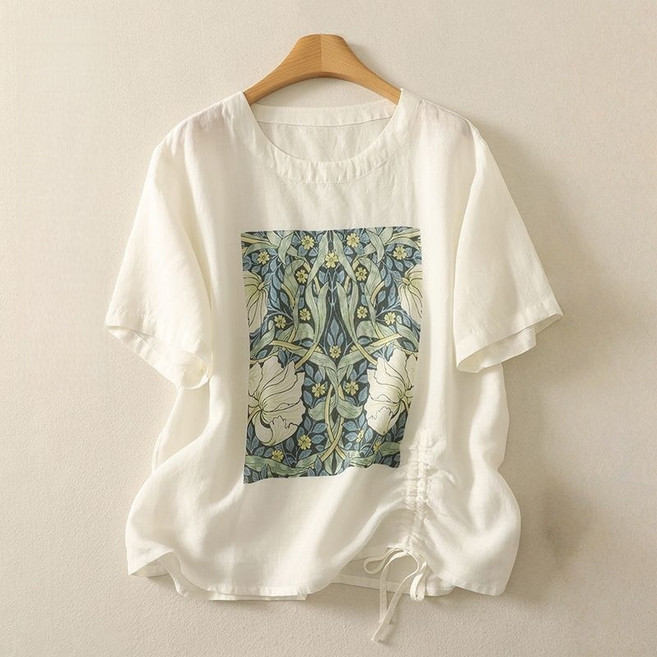 Makone 여성 라운드넥 빈티지 린넨 프린트 반팔 티셔츠 스트링 루즈핏 캐주얼 풀오버 블라우스