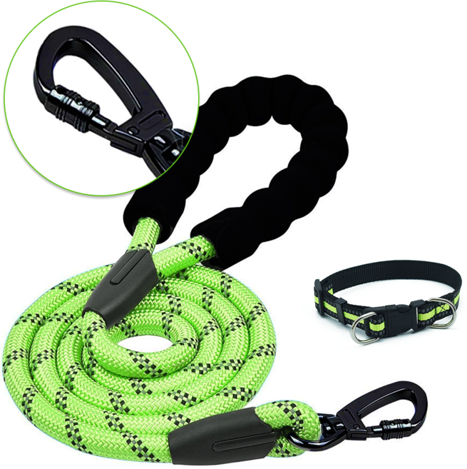 [애견 목줄 + 리드줄 세트] 고급 잠금 후크 고리 반려동물 애견 반려견 리드줄 목줄 세트 강아지 산책줄 중형견 대형견, 라임(2m), 1세트