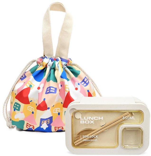 온다온 샐러드 도시락통 용기 런치박스 직장인 패턴 보온보냉백 세트, 1세트, 850ml+캐슬