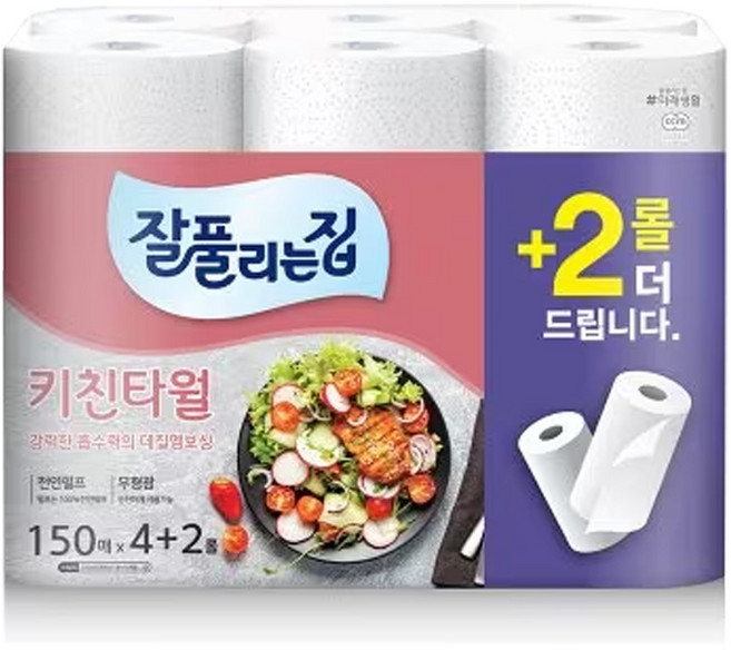 잘풀리는집 천연펄프 키친타올 150매 6입, 6롤, 1개