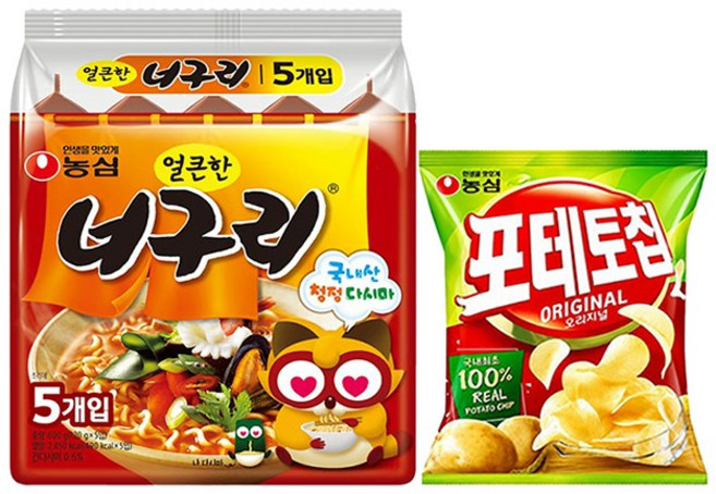 농심 포테토칩 오리지널3번들(50g3개입)4봉지+얼큰한 너구리10봉지, 단품, 단품