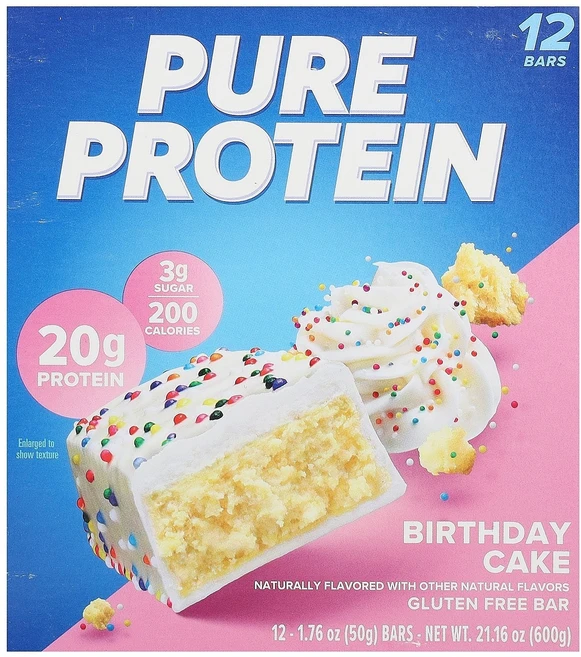 Pure Protein 글루텐 무함유 바 생일 케이크 바 12개 50g(1.76oz) Protein (퓨어 프로틴), 50g - 쿠팡