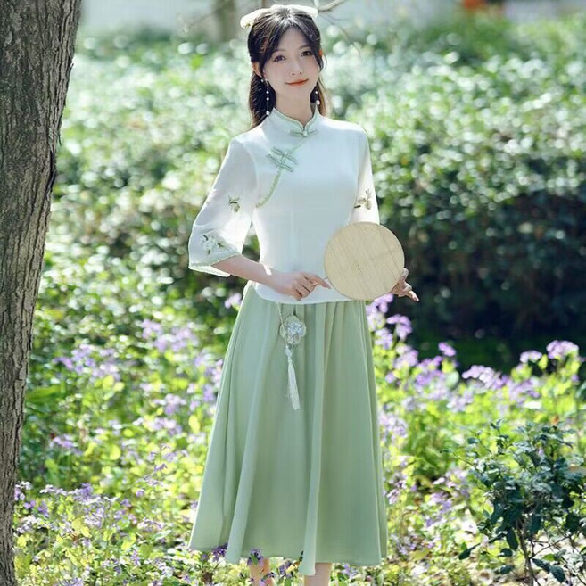 新中式 漢元素 茶服 旗袍 兩件套 改良漢服 女藝文國風上衣套裝, 白色上衣+綠色裙子【兩件套,3XL 建議130-145