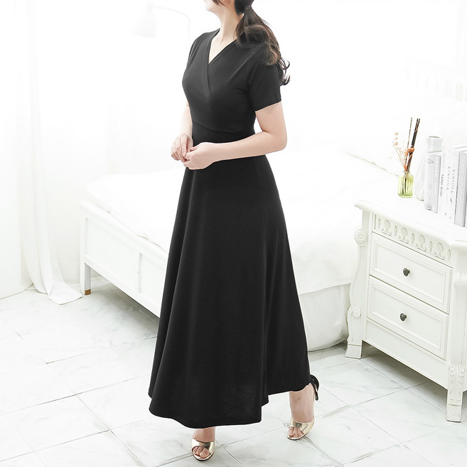 빅사이즈 랩스타일 브이넥 A라인 반팔 롱원피스 V넥 플레어원피스